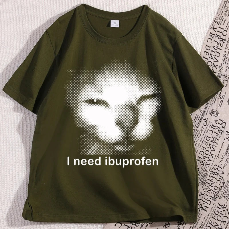 I Need Ibuprofen Cat T-shirts for Man Cotton Caual Short Sleeve Funny Vintage Graphic Cat T-shirt Unisex Silly Kitten Tshirt
