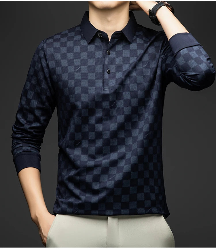BROWON Polo Shirts for Man Autumn Business Slim Fit Long Sleeve T Shirt Men 2026 New Casual Loose Pullover Plaid Men Tops & Tees