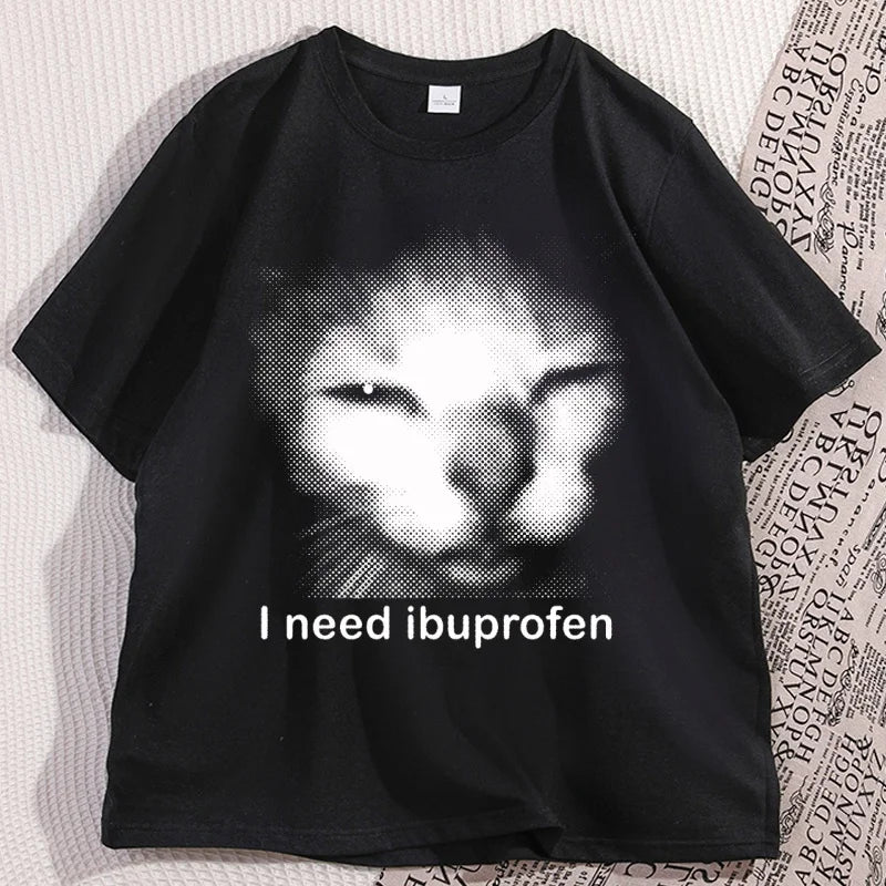 I Need Ibuprofen Cat T-shirts for Man Cotton Caual Short Sleeve Funny Vintage Graphic Cat T-shirt Unisex Silly Kitten Tshirt