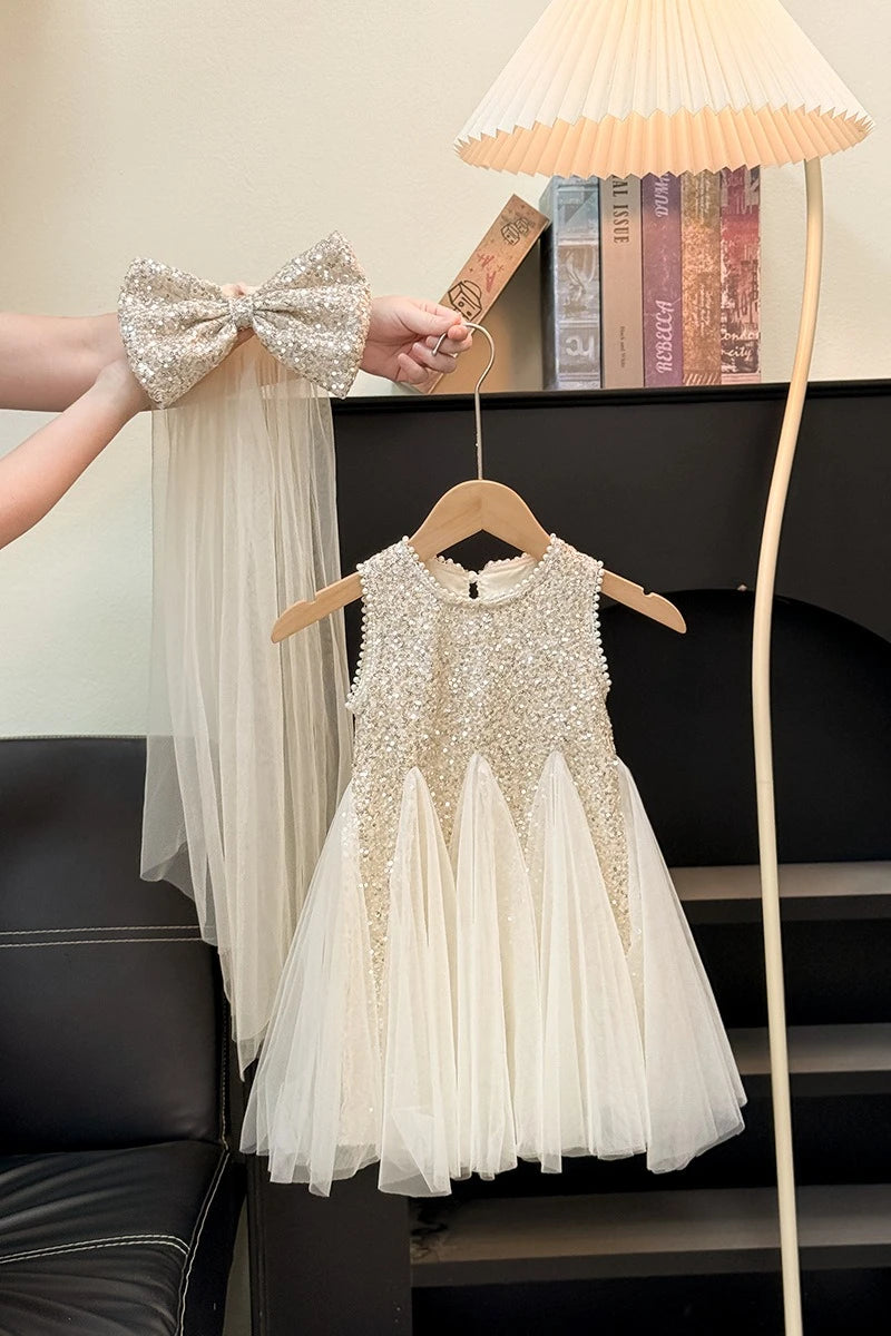 Girls Elegant Sequined Horn Skirt New Kid Party Dresses Baby Fashion Mesh Round Collar Sleeveless Skirt Western-style Vest Dress