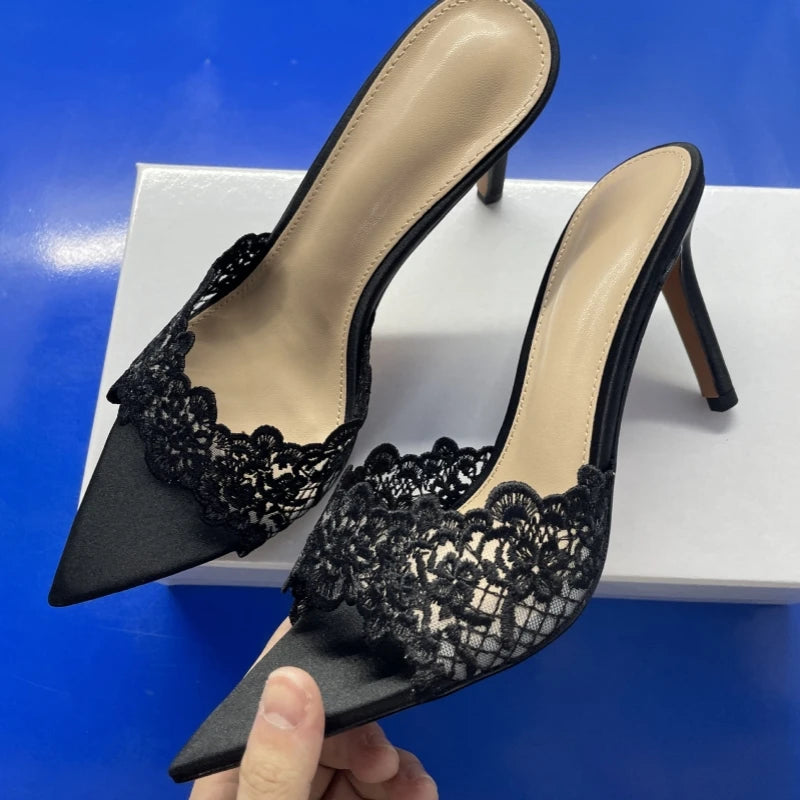 New Summer Women's High Heel Sandals Lace Embroidery Pointed Open Toe Stiletto High Heel Sandals Party Slippers