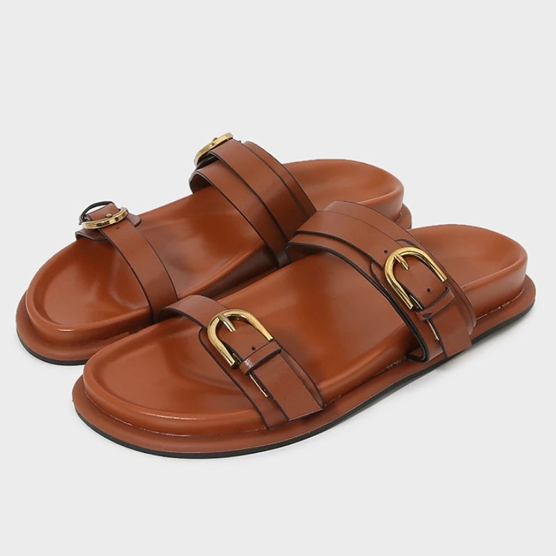 Metal Buckle Soft Leather Women Roman Shoes Thick Bottom Women Summer Slippers Leisure Comfort Non-slip Women Beach Flat Sandals