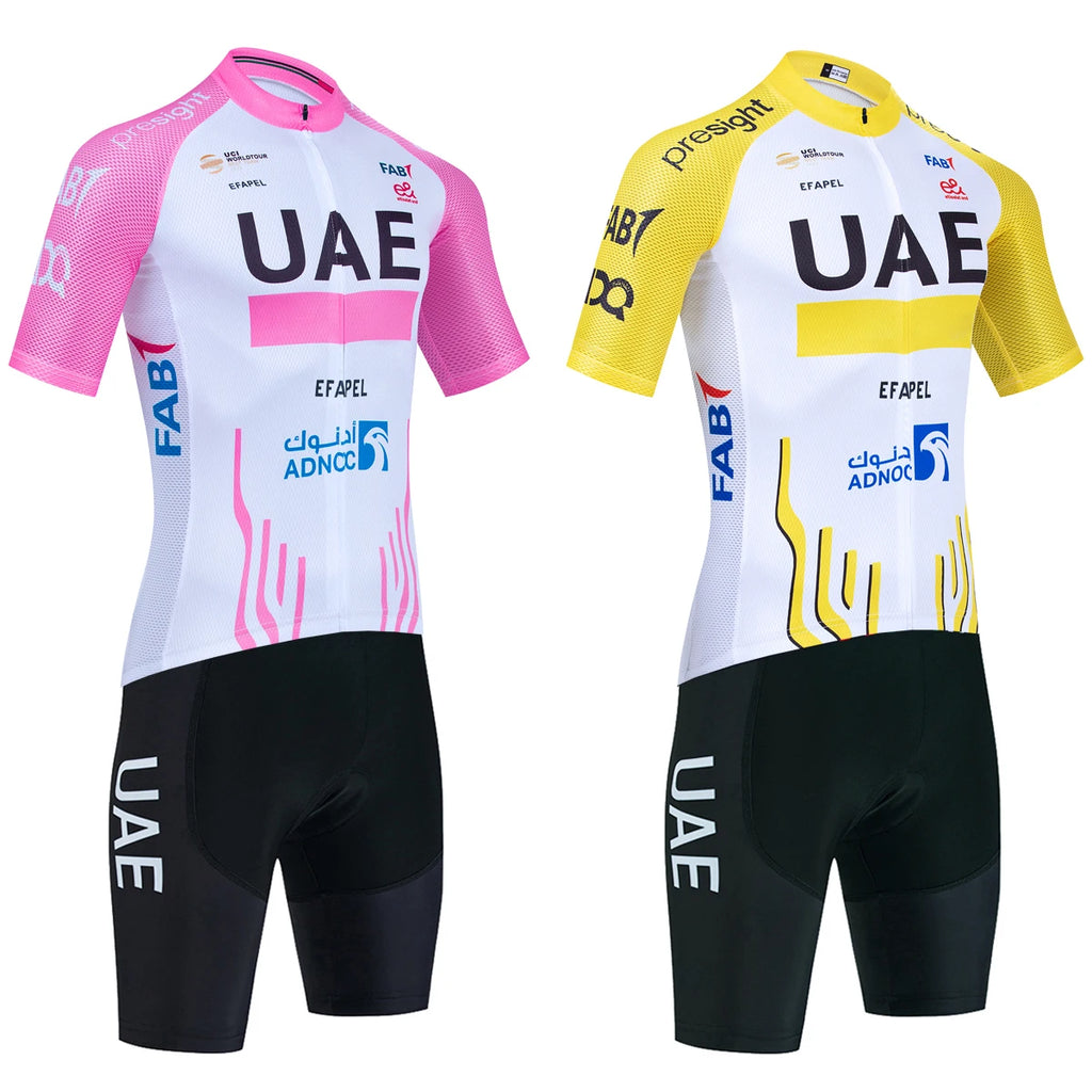 New 2025 PINK YELLOW Cycling Jersey UAE TEAM Bike Jersey Shorts Set Ropa Ciclismo Men Women Summer Pro Bicycle Maillot Clothing