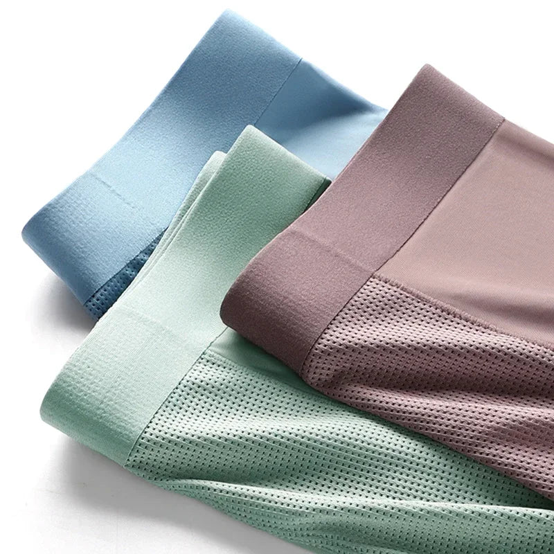 MiiOW 3Pcs Summer Ice Silk Men Boxer Underwear Seamless Mesh Breathable Men's Panties Cotton Crotch Man Underpants Man Boxers