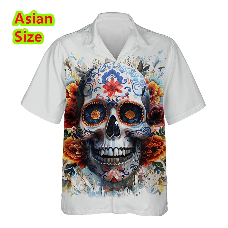 Man Shirt Horror Skull Flower 3D Print Men's Clothing Summer Casual Hawaii Beach Hawaiian Harajuku Hip Hop Holiday Shirt Tops