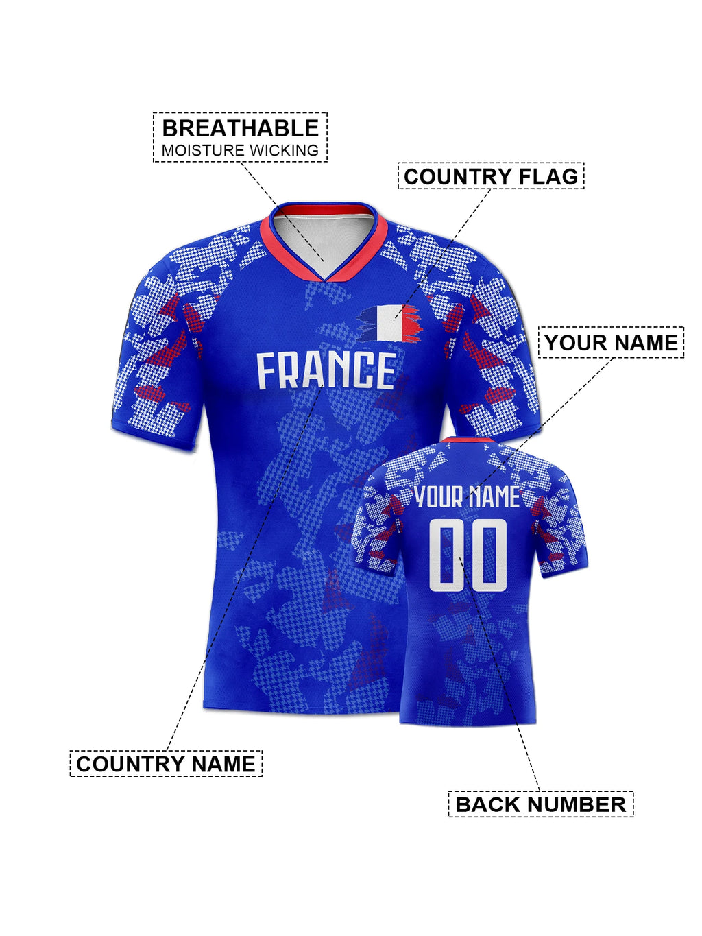 Custom France Soccer Jersey Personalized Name Number, National Team Football Shirt V-Neck Flag Design for Men Youth Women