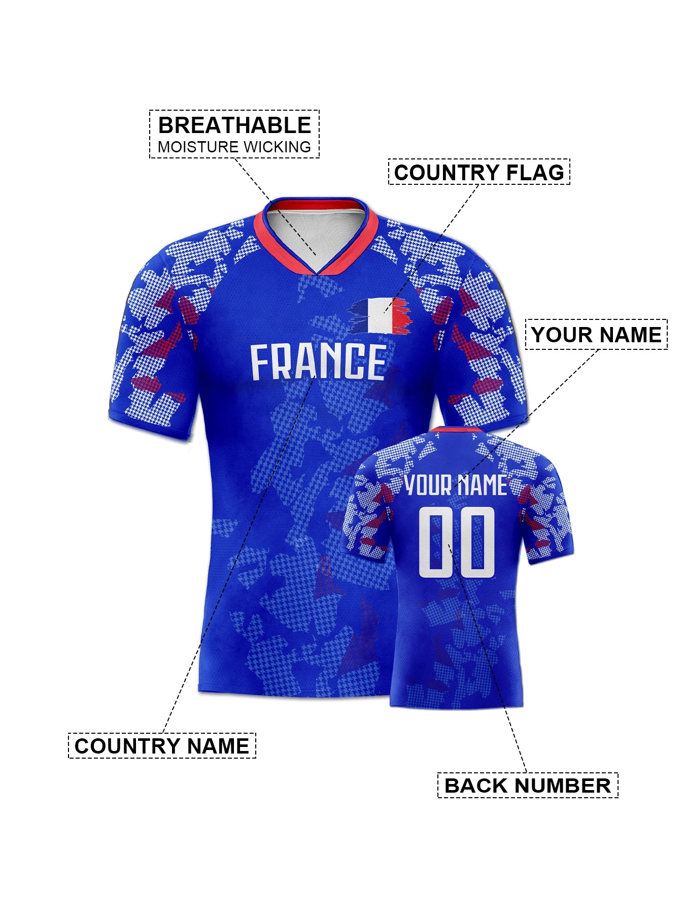 Custom France Soccer Jersey Personalized Name Number, National Team Football Shirt V-Neck Flag Design for Men Youth Women