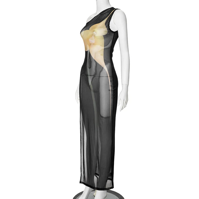 Mesh See Through Y2K Print Bodycon Sexy Party Club Maxi Split Dress Women Summer One Shoulder Backless Beach Long Dresses Outfit