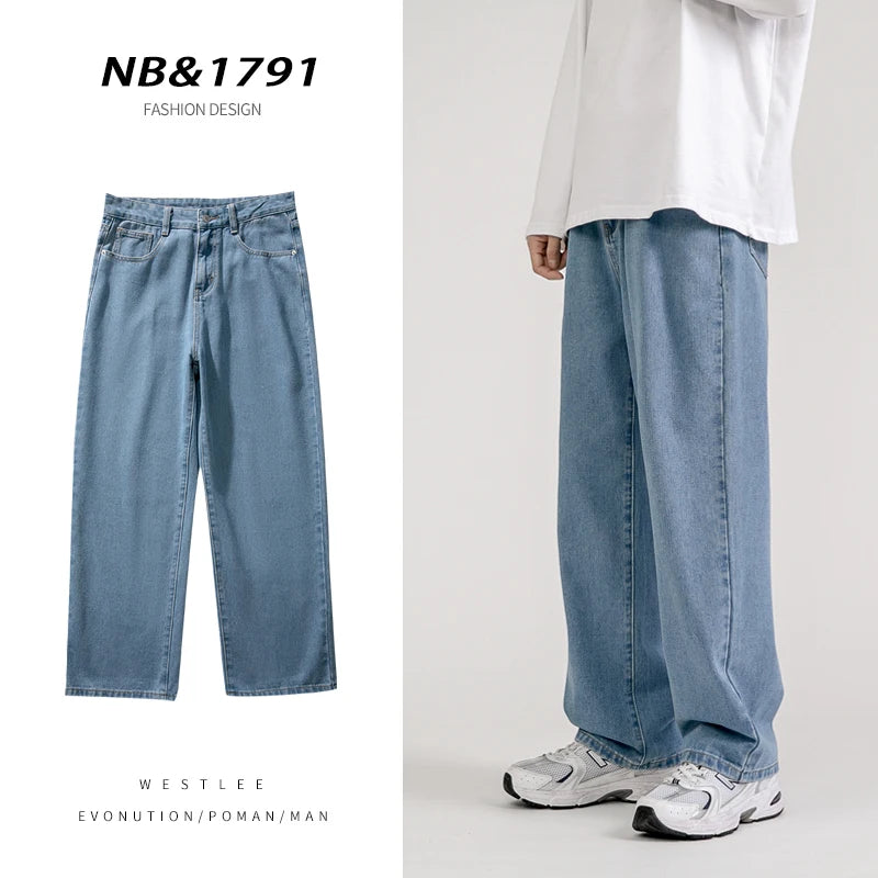 2023 New Korean Fashion Men's Baggy Jeans Classic Unisex Man Straight Denim Wide-leg Pants Hip Hop Bagy Light Blue Grey Black