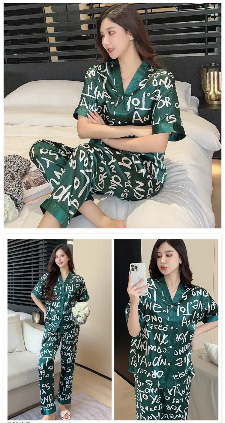 Ice Silk Pajamas Women Summer Short Sleeve Trousers Cartoon Bear Pajamas Cardigan Green Letter Sleepwear Homewear Set Kimono