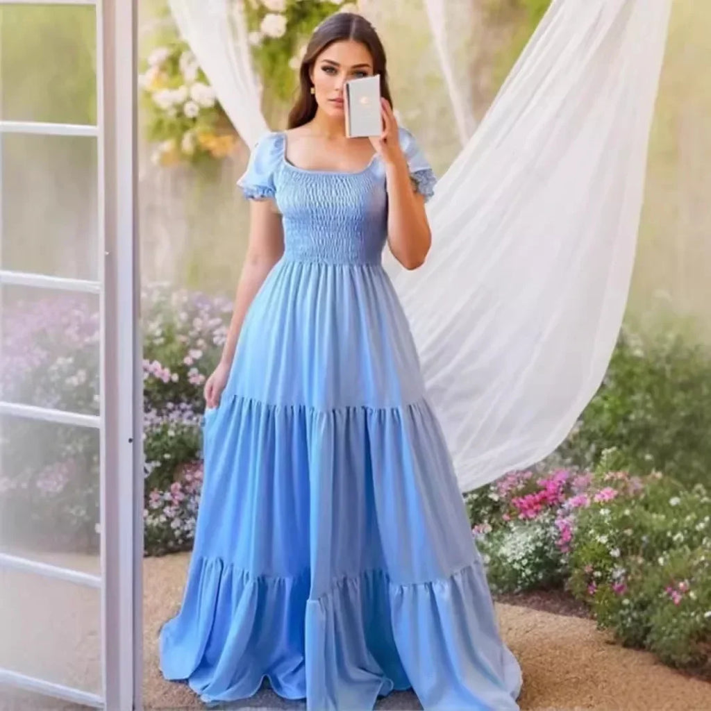 A Line Pleated Blue Princess Long Dresses Women Puff Sleeve High Waist Square Neck Maxi Dress Summer Solid Ruffles Party Dresses