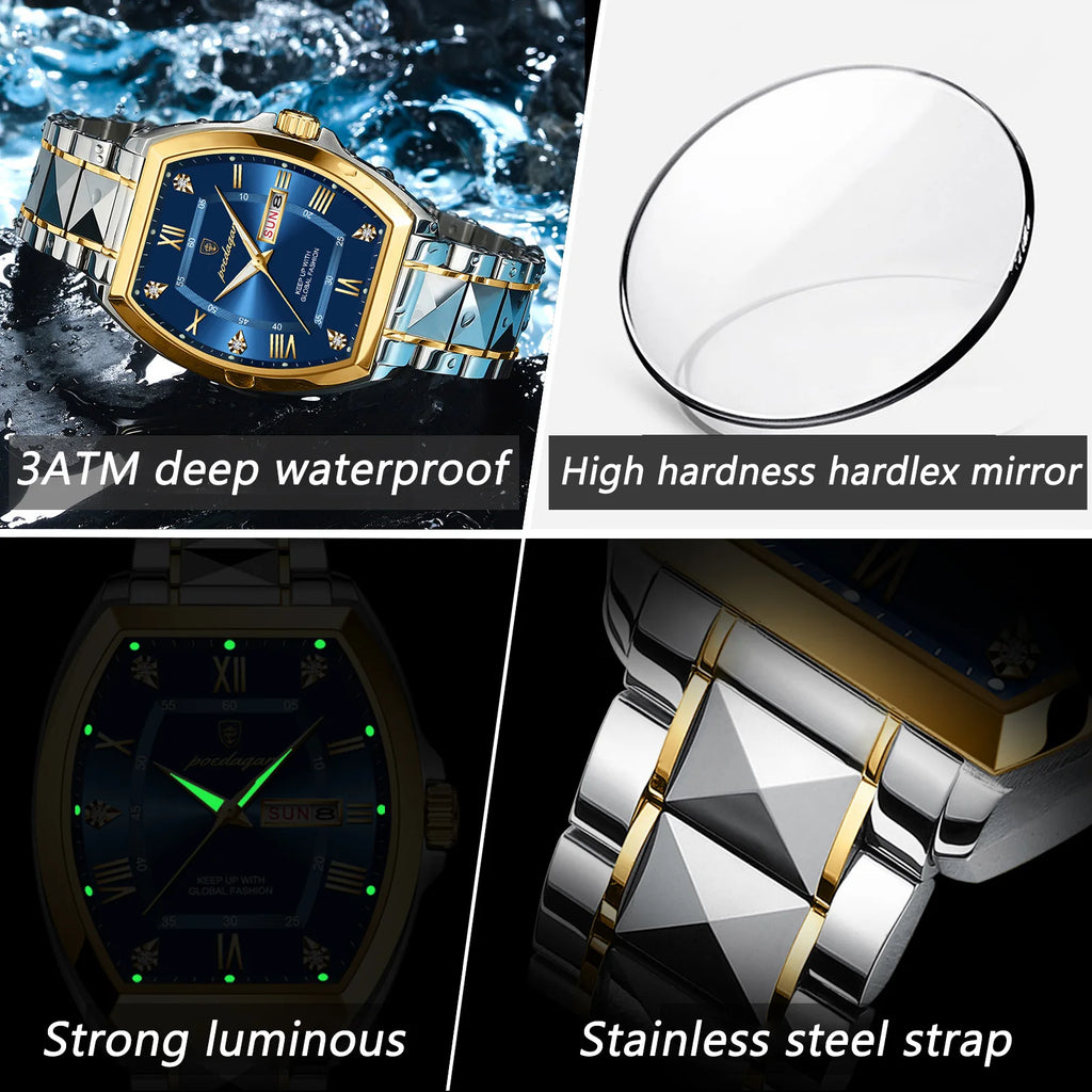 POEDAGAR Luxury Tonneau Men Watch Luminous Waterproof Date Week Man Watch Stainless Steel Fashion Original Men's Quartz Watches
