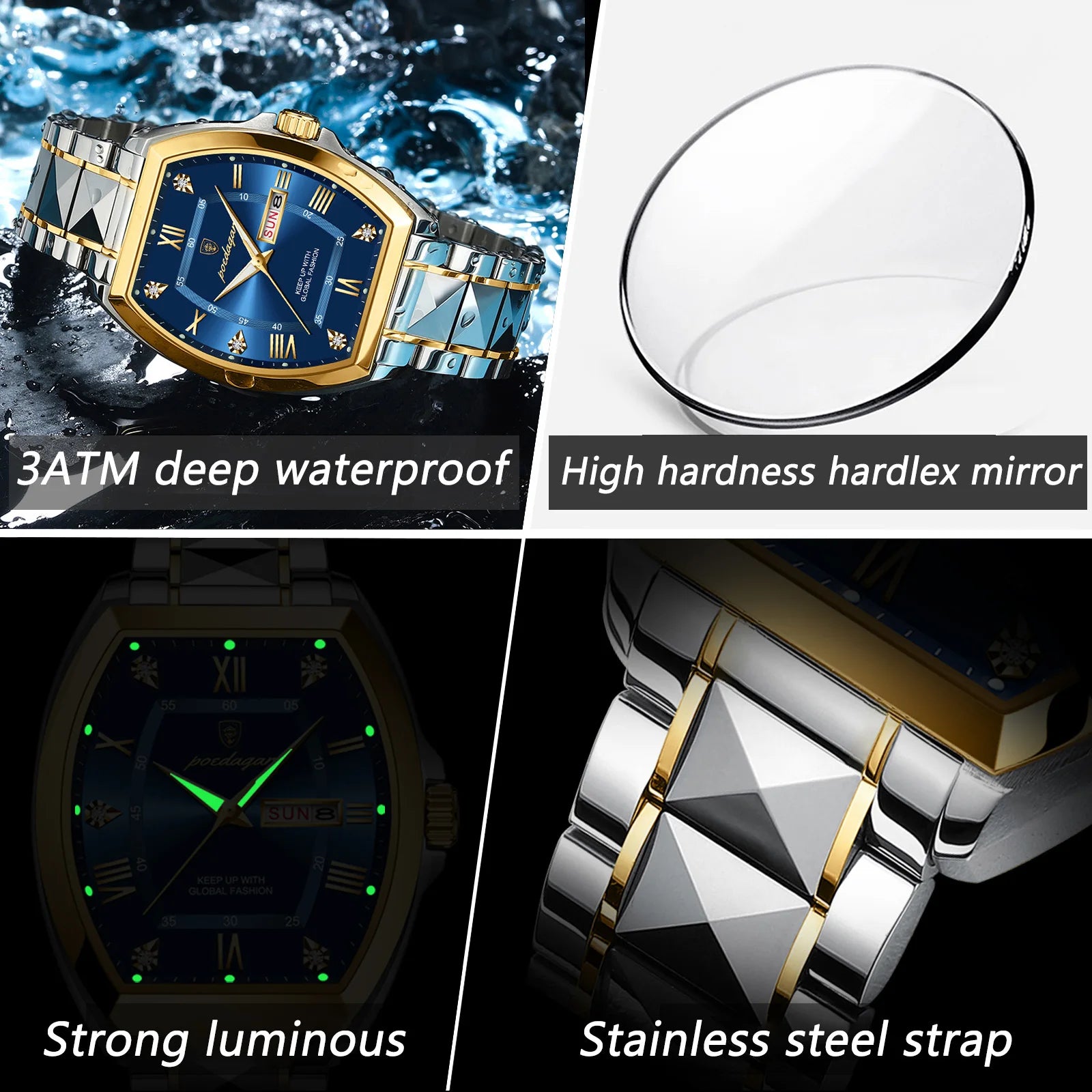 POEDAGAR Luxury Tonneau Men Watch Luminous Waterproof Date Week Man Watch Stainless Steel Fashion Original Men's Quartz Watches