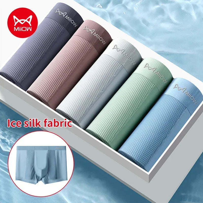 MiiOW 3Pcs Summer Ice Silk Men Boxer Underwear Seamless Mesh Breathable Men's Panties Cotton Crotch Man Underpants Man Boxers