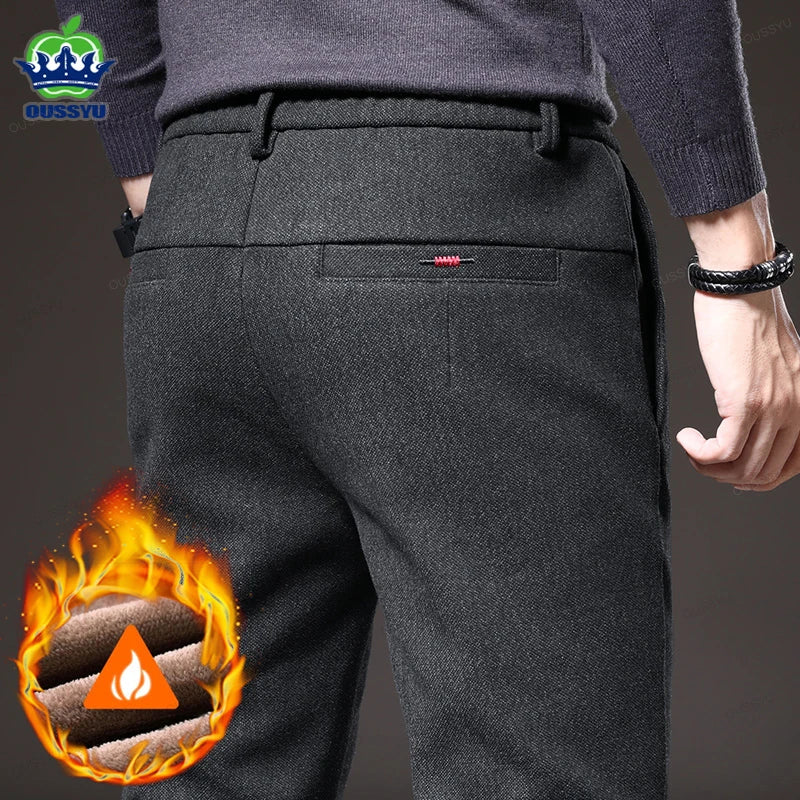 Winter Fleece Warm Men's Brushed Fabric Casual Pants Outdoors Business Thick Velvet Cotton Flocking PlushTrousers Male 28-38