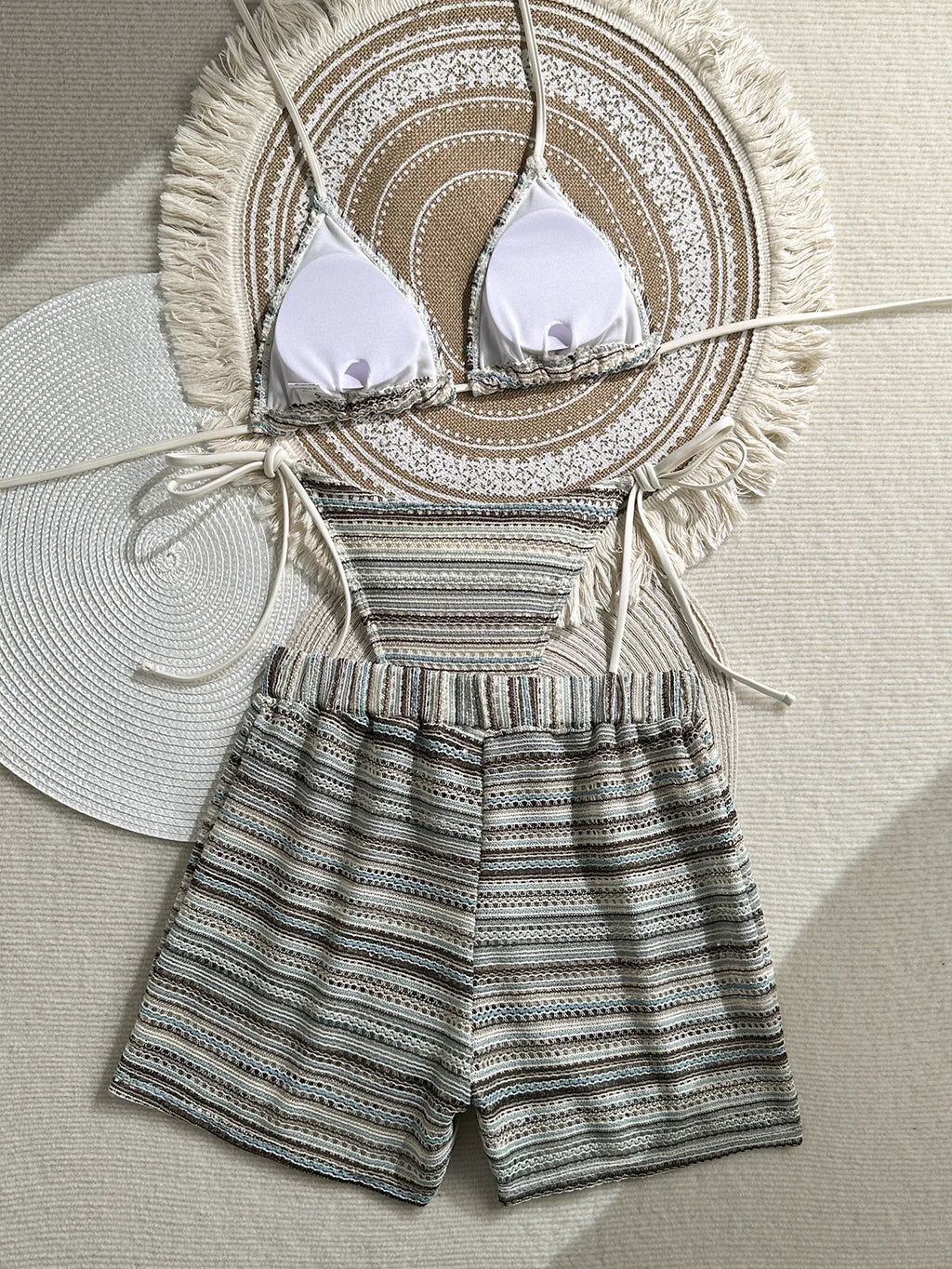 Sexy Crochet Bikini Set 2026 Women Coffee Contrast Striped High Waist Panties 3 Piece Swimsuit Bathing Suit Knitted Swimwear