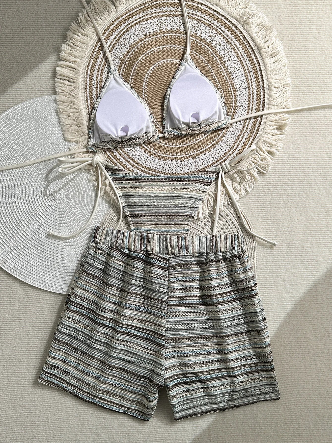 Sexy Crochet Bikini Set 2026 Women Coffee Contrast Striped High Waist Panties 3 Piece Swimsuit Bathing Suit Knitted Swimwear