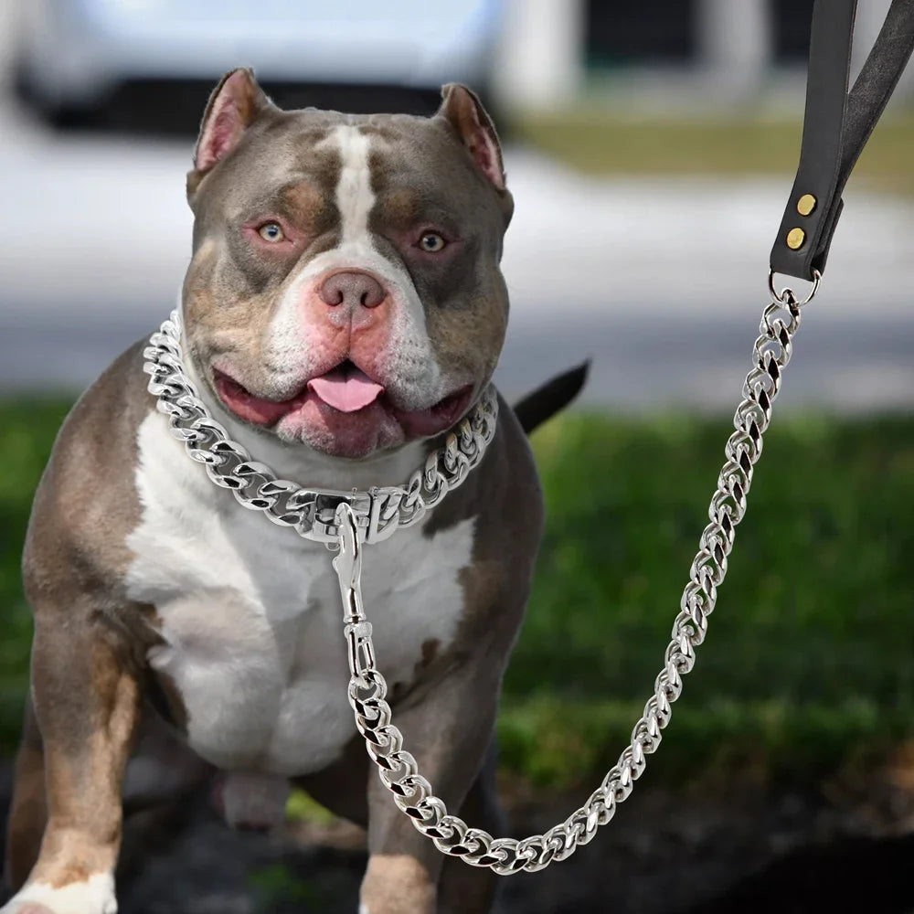 Stainless Steel Dog Leash Pet  Lead Traction  Super Strong Gold Collar Chain 32mm 19mm Bulldog Pitbull Large Dog Collar Leash