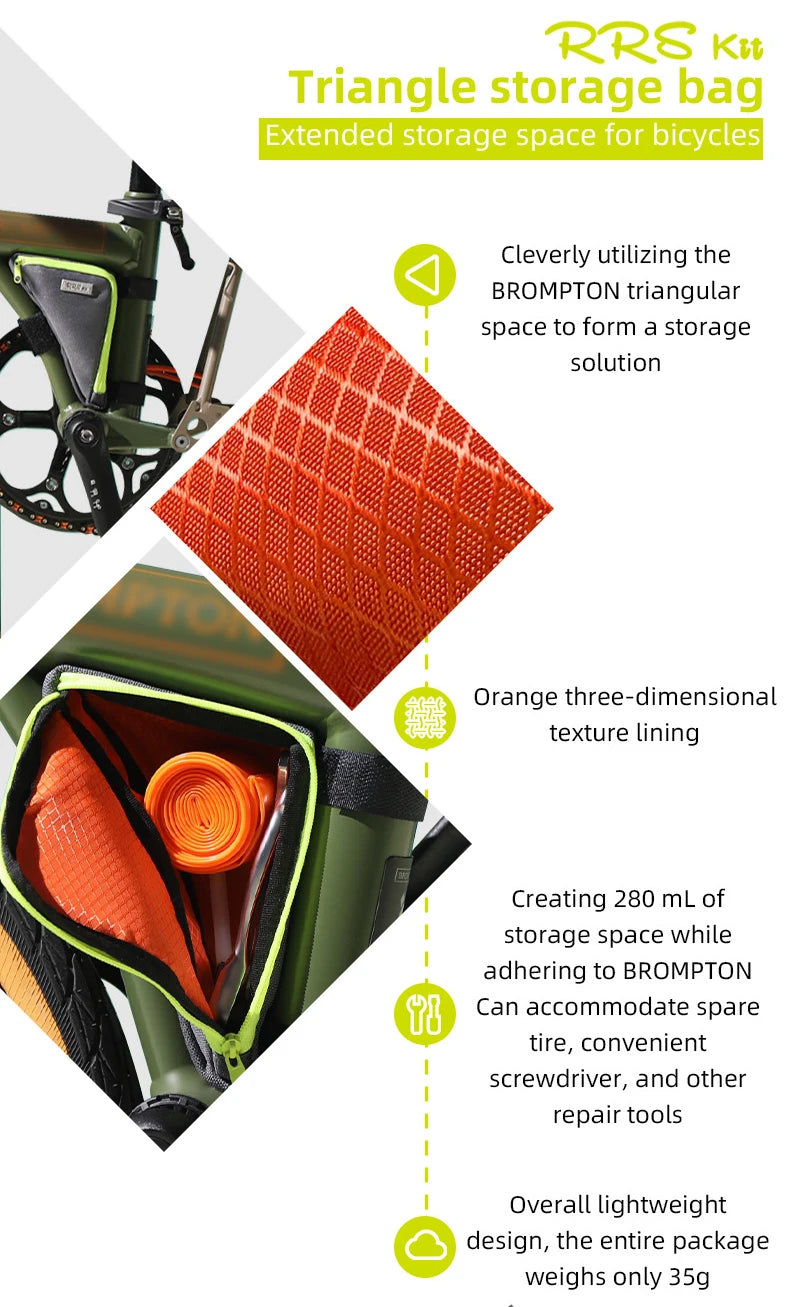 Rrskit Bicycle Triangle Bilateral Storage Bag Suitable For Brompton Bike Lightweight Triangle Multi Directional Storage Kit