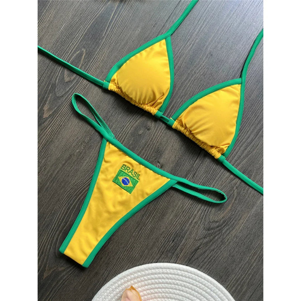 Women's Brazilian Flag Bikini Set - Two-Piece G-String Thong Swimwear, Sexy Female Bather Swimsuit for Beach Vacation, Pool Part