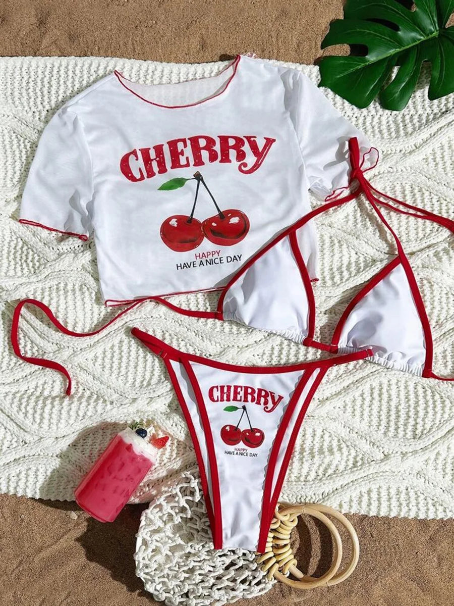 Cherry Print Mesh Short Sleeve Bikini Female Swimsuit Women Swimwear Three-pieces Bikini Set Micro Bathing Suit Swim Beachwear