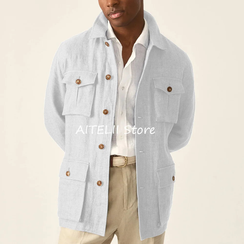 Suit Jackets Linen Elegant Sack of Man Men's Jacket Blazers for Man Lapel Suits Single-breasted Casual Clothes Four Pockets