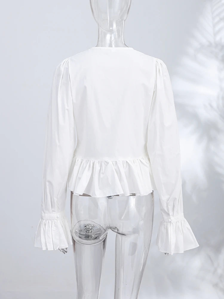 Elegant Chic Ruffle Hem Women's Shirt Flare Sleeve Single Breasted Drawstring Pleat Cropped Shirts 2026 Spring Summer Lady Top