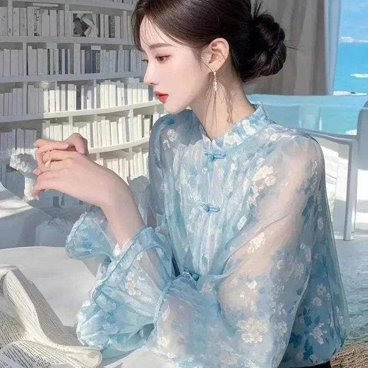 Ele Floral Long Sve Chiffon irt Women's Spring Summer New Sle Super Fairy Unique Anti-Aging Faionable Top