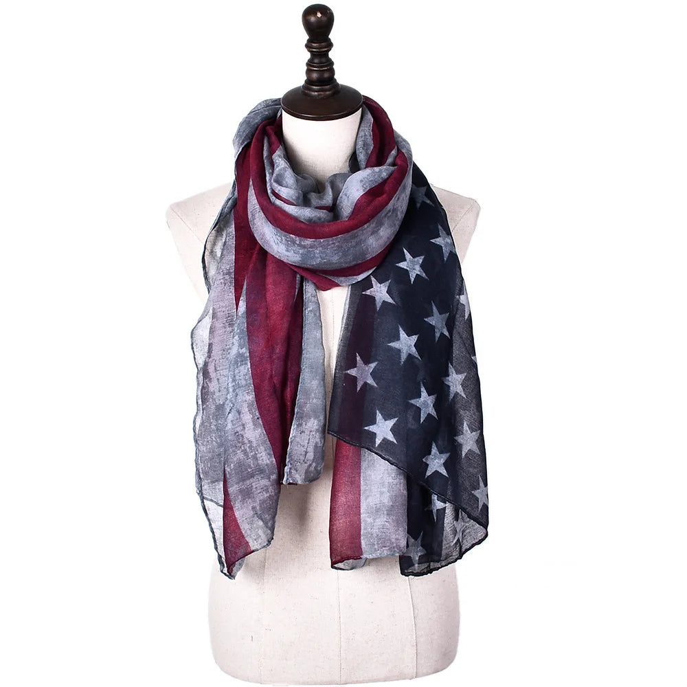 2024 Foreign Trade Retro Star Stripes Scarf Ladies Positioning American Flag Printing Bali Yarn Scarf Wholesale