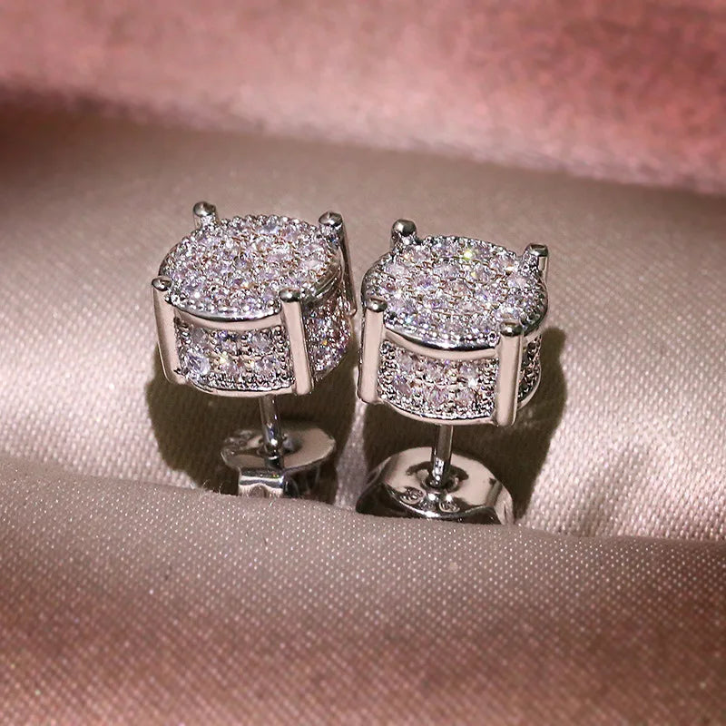 925 Sterling Silver New Bling Gold Silver Round Hip Hop Stud Earrings with Zircon Stone for Women Man Fashion Jewelry