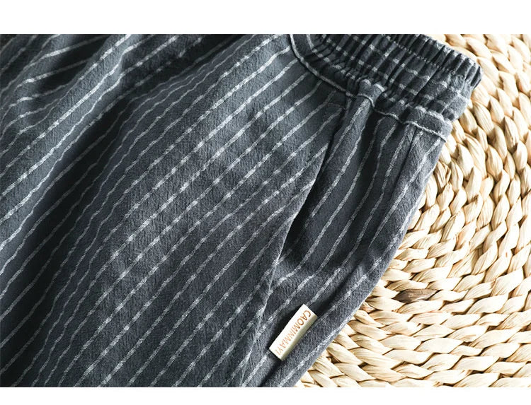 Summer Cotton Beach Shorts Pants For Men Casual Breathable Comfortable Striped Loose Drawstring Cropped Youth Man Shorts Pants