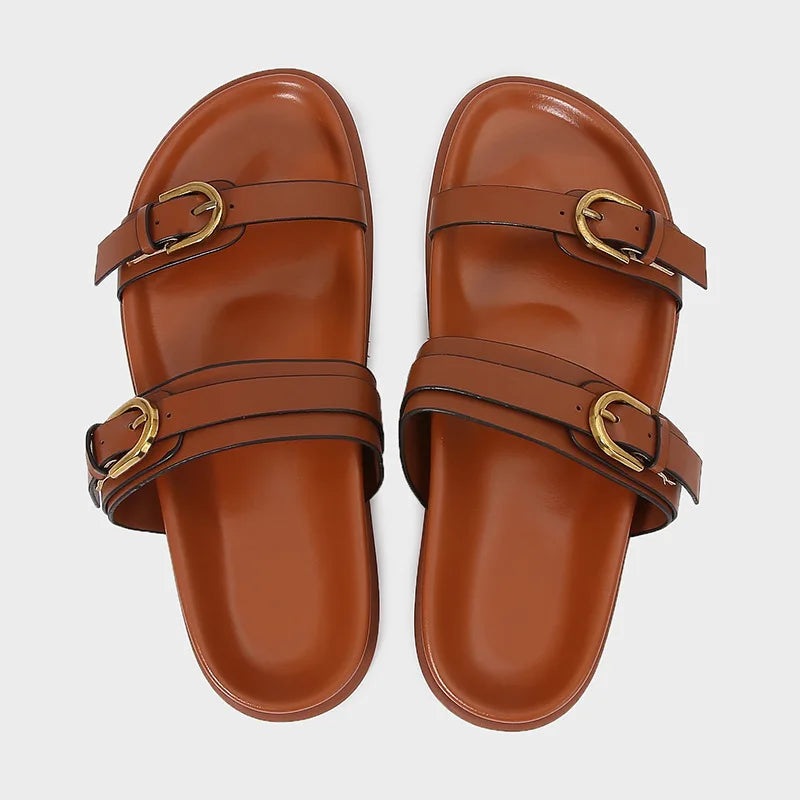 Metal Buckle Soft Leather Women Roman Shoes Thick Bottom Women Summer Slippers Leisure Comfort Non-slip Women Beach Flat Sandals