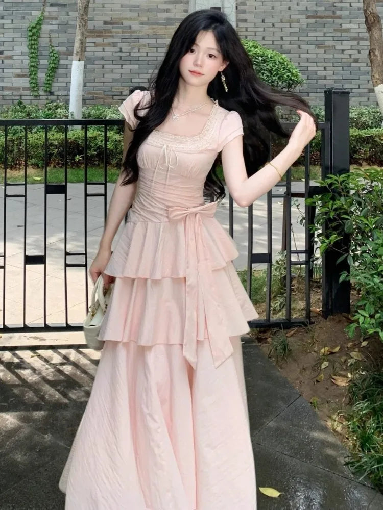 Pink Square Collar Korean Style Long Dress Women Japan Style Sweet Elegant Fairy Dress Female Fashion Summer Casual Party Dress