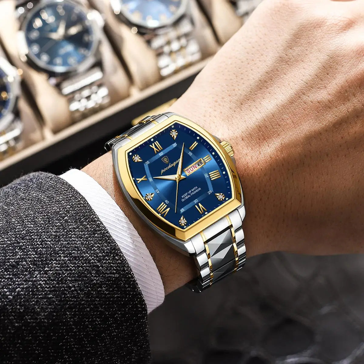 POEDAGAR Luxury Tonneau Men Watch Luminous Waterproof Date Week Man Watch Stainless Steel Fashion Original Men's Quartz Watches