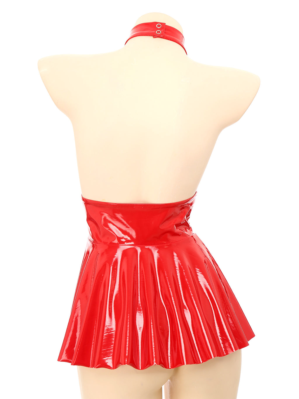 Womens Shiny Metallic Faux Leather Halter Neck Backless A-Line Dress Exposed Breast Mini Night Club Dresses Latex Clubwear