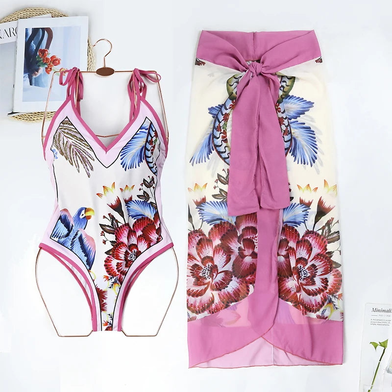 2025 Sexy Bikini Set Deep V Neck Retro Printed Women Swimwear Push Up Bikinis Swimsuit Skirt Female Biquini Dress Bathing Suit