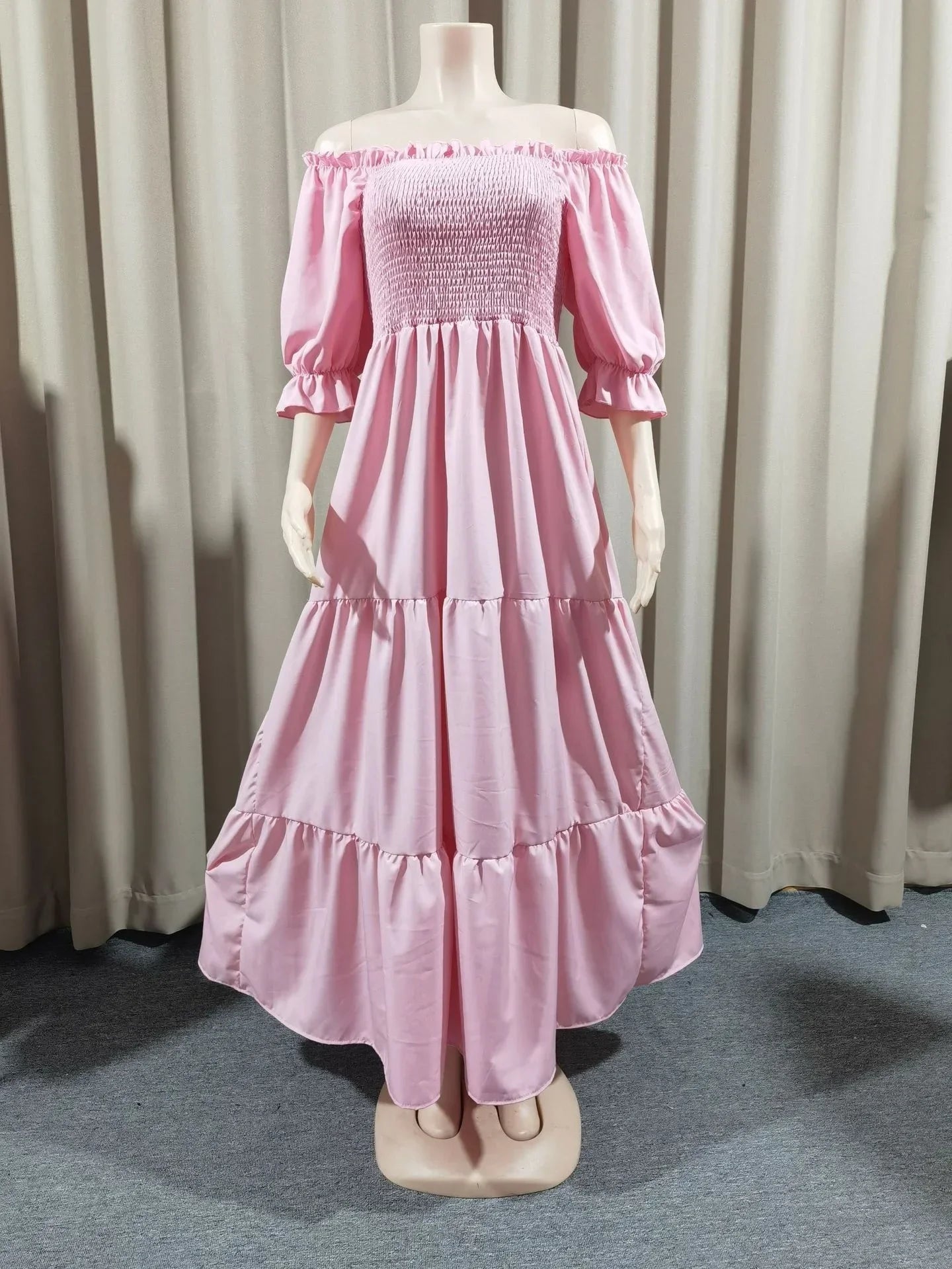 A Line Pleated Blue Princess Long Dresses Women Puff Sleeve High Waist Square Neck Maxi Dress Summer Solid Ruffles Party Dresses