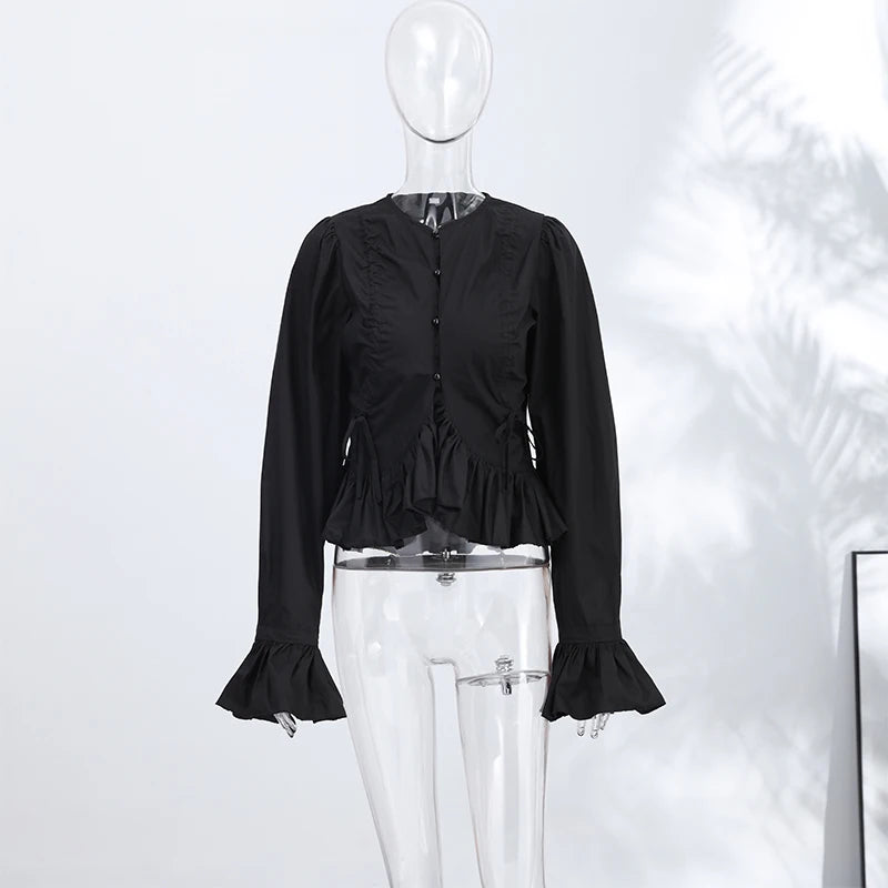 Elegant Chic Ruffle Hem Women's Shirt Flare Sleeve Single Breasted Drawstring Pleat Cropped Shirts 2026 Spring Summer Lady Top