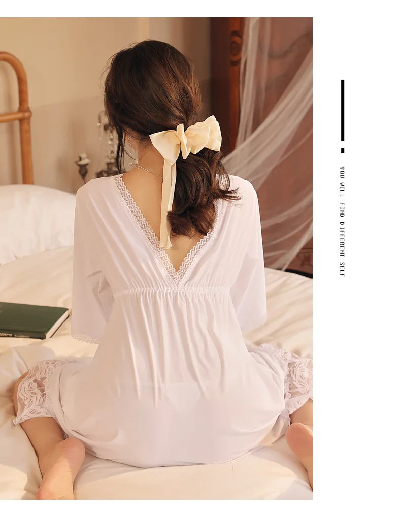 Fdfklak M-3XL Women’s Nightgowns Sexy Lace Deep V Neck Sleepshirt Mesh Short Sleeve Summer Nightdress Female Nightwear Dress
