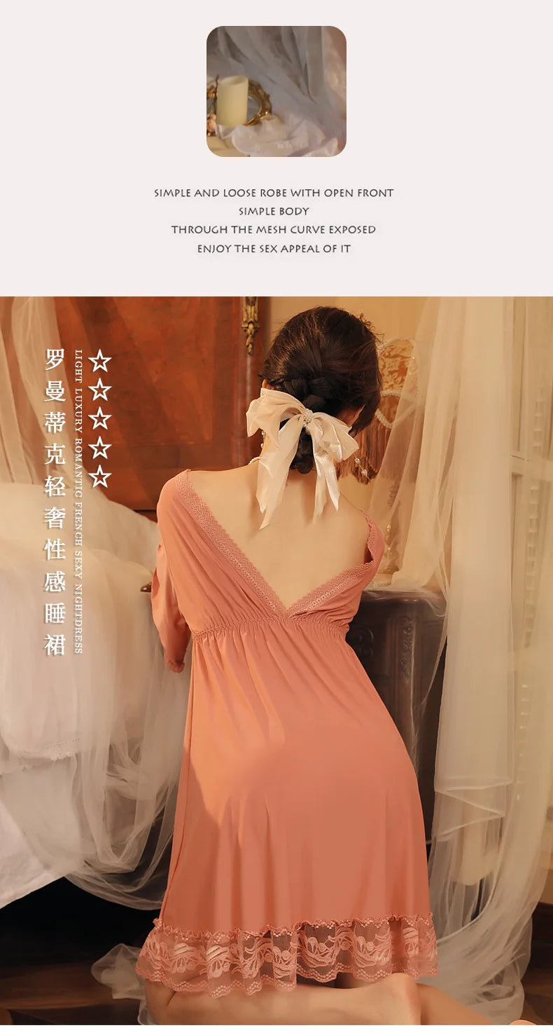 Fdfklak M-3XL Women’s Nightgowns Sexy Lace Deep V Neck Sleepshirt Mesh Short Sleeve Summer Nightdress Female Nightwear Dress