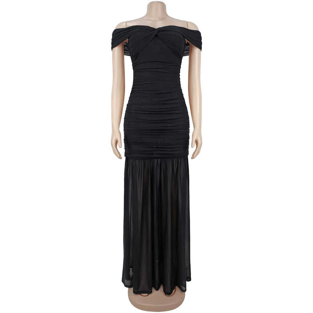Dresses for Woman 2026 Elegant Sexy Off Shoulder Ruched Cinched Waist Evening Party Mesh Maxi Long Dress Slim Fit Fishtail Gown