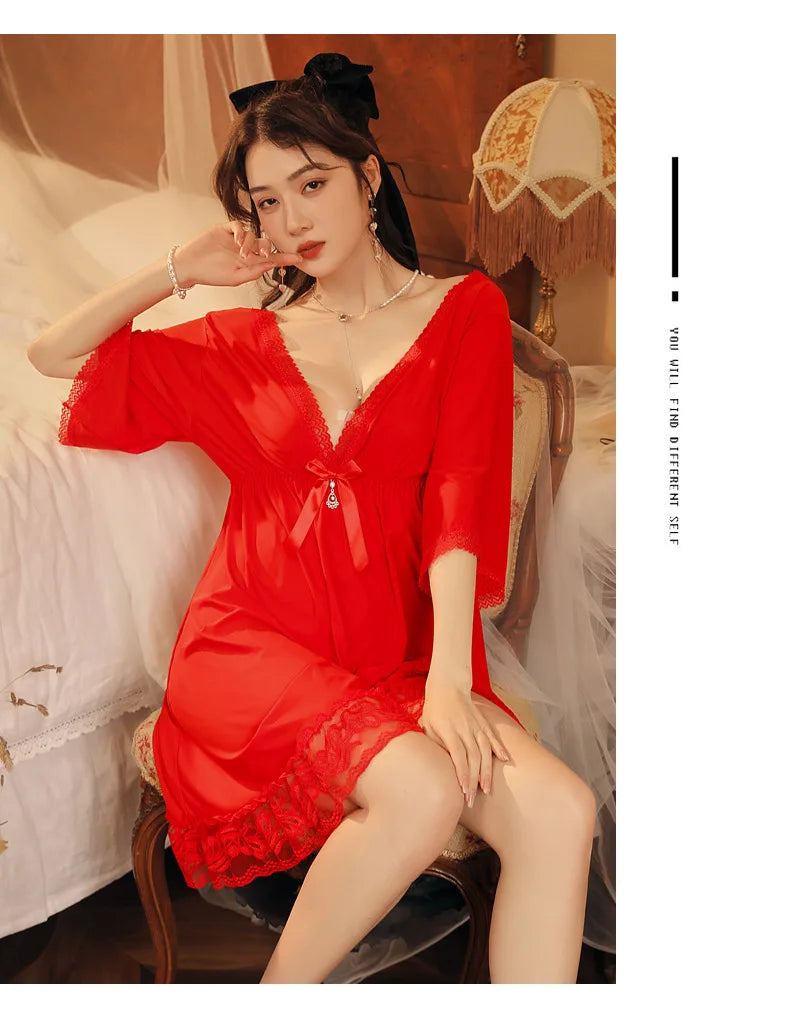 Fdfklak M-3XL Women’s Nightgowns Sexy Lace Deep V Neck Sleepshirt Mesh Short Sleeve Summer Nightdress Female Nightwear Dress