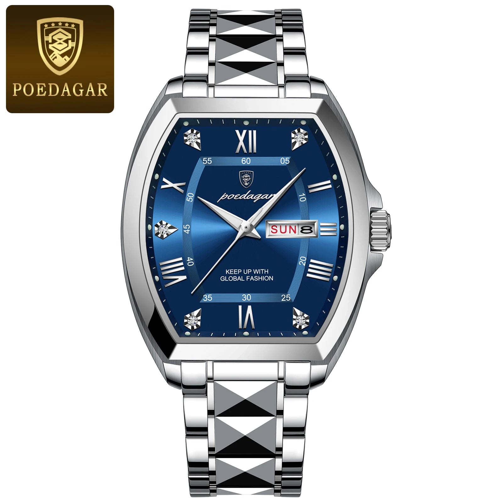 POEDAGAR Luxury Tonneau Men Watch Luminous Waterproof Date Week Man Watch Stainless Steel Fashion Original Men's Quartz Watches