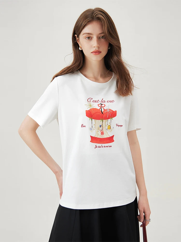FSLE Summer Versatile Casual Commuting Printed Pattern Women T-Shirt 2024 Summer New Short Sleeve Female Top 24FS12274 24FS12348