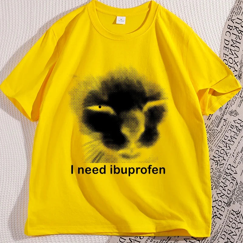 I Need Ibuprofen Cat T-shirts for Man Cotton Caual Short Sleeve Funny Vintage Graphic Cat T-shirt Unisex Silly Kitten Tshirt