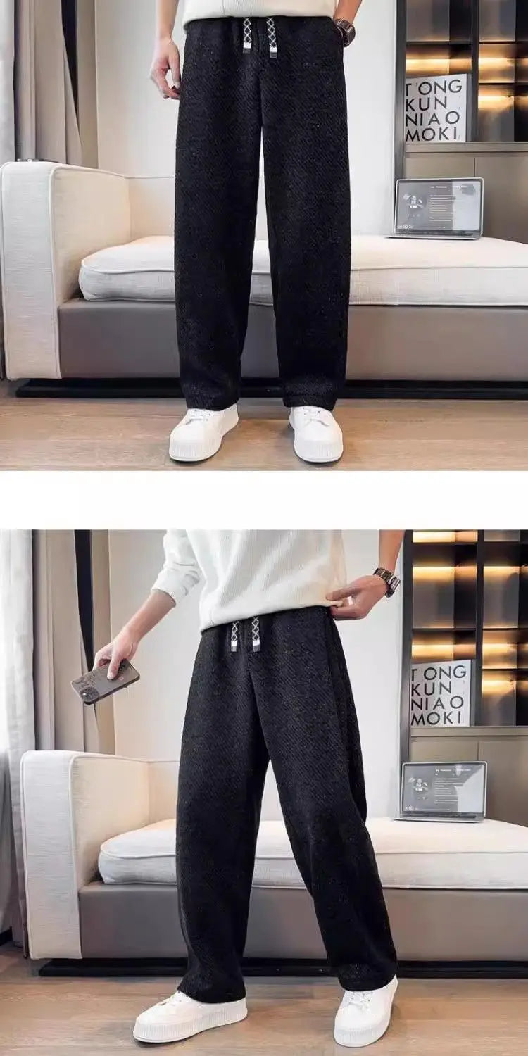 Autumn Winter Loose Men's Sherpa Fabric Straight Pants Man Fashion Thick Pockets Trousers Solid Color Male Clothes