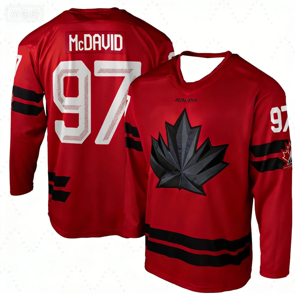 2026 NEW Men's Canada National Team Mackinnon 29 Ice Hockey Jersey Black Red Maple Leaf Long Sleeve Uniform