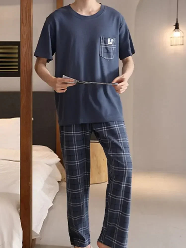 SUKAE Mens Plus Size L-5XL Homewear Summer Cotton Short Sleeve Full Pants Pajamas Set for Man Leisure Sleepwear Trendy Nightwear
