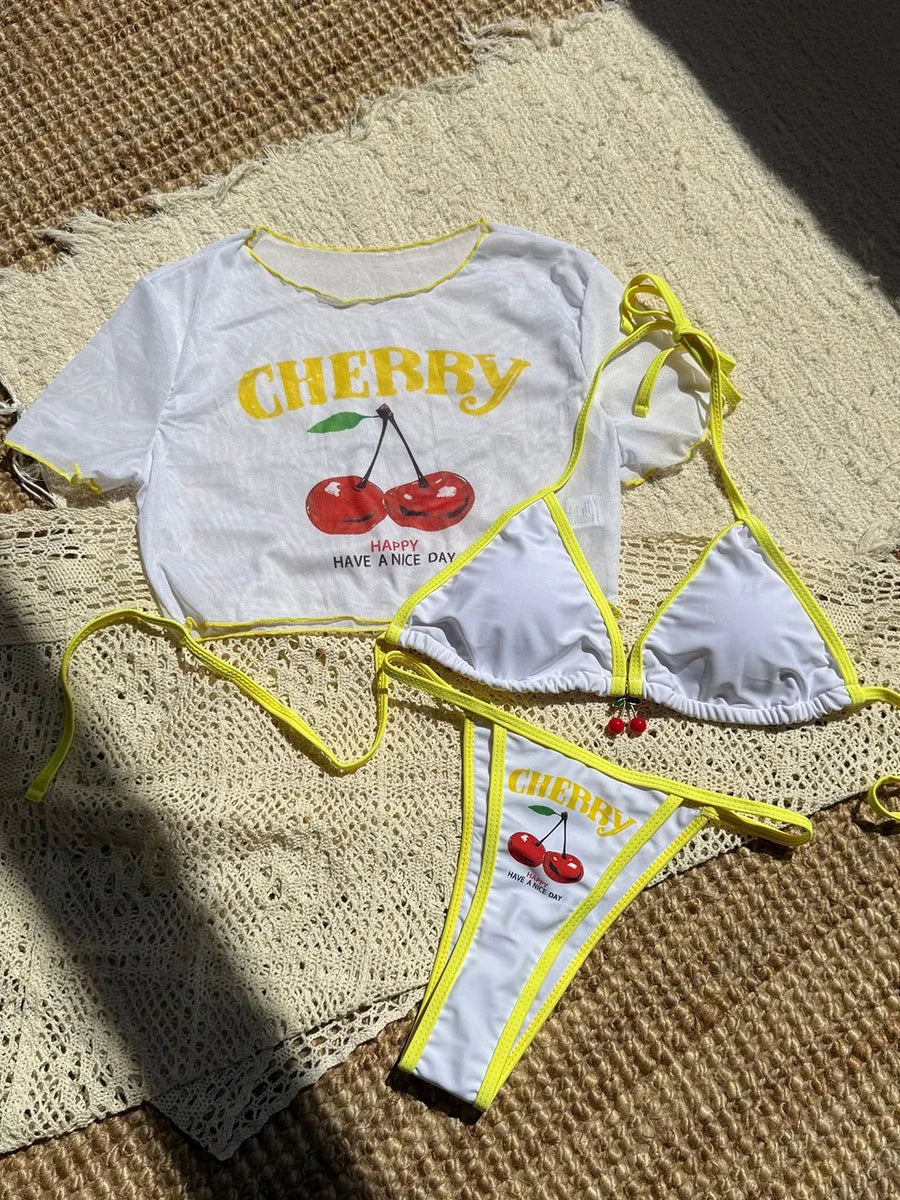Cherry Print Mesh Short Sleeve Bikini Female Swimsuit Women Swimwear Three-pieces Bikini Set Micro Bathing Suit Swim Beachwear
