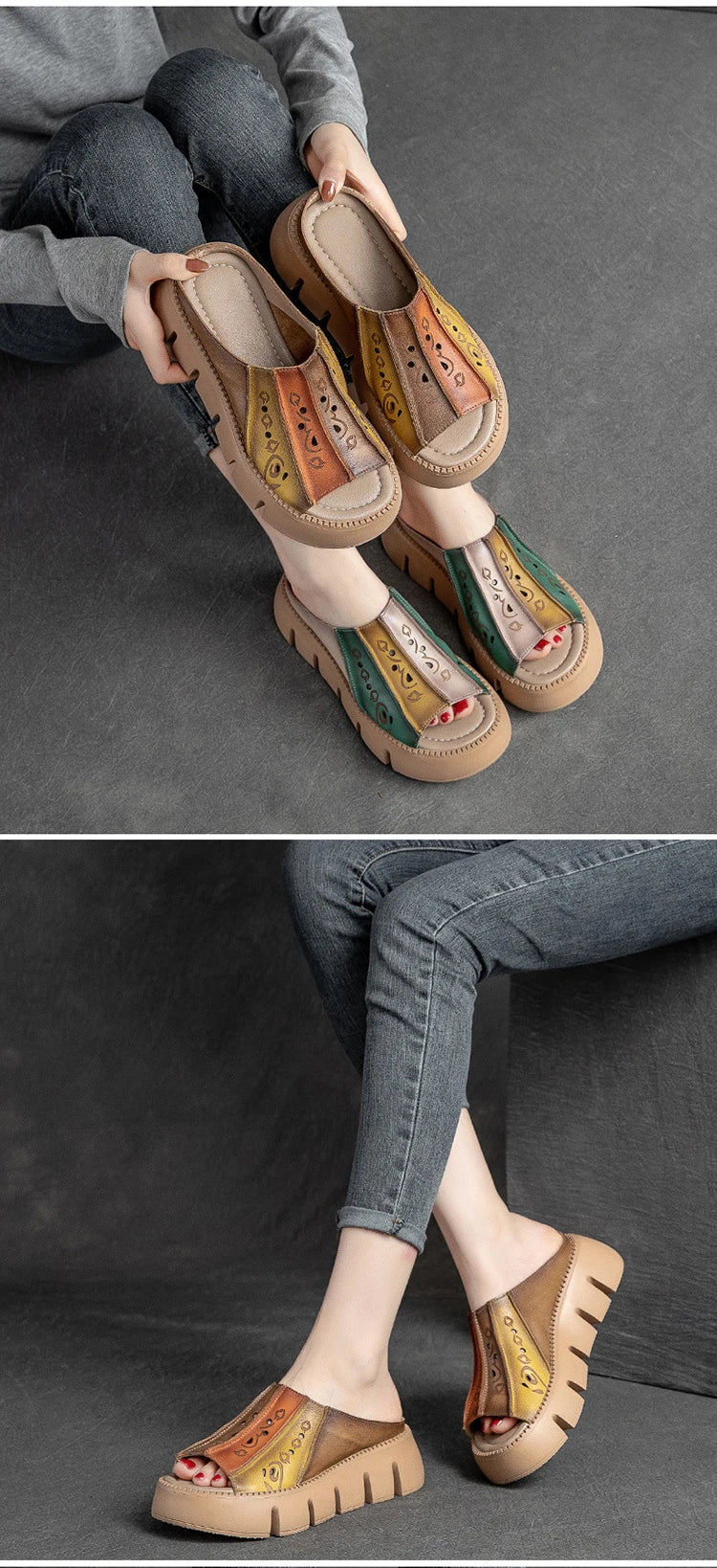 GKTINOO Genuine Leather Summer Shoes Women Slippers Wedges Outside Slides Leisure 2026 New Handmade Concise Ladies Slippers